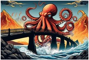 Octopus attacking a bridge with volcano in background erupting tattoo idea