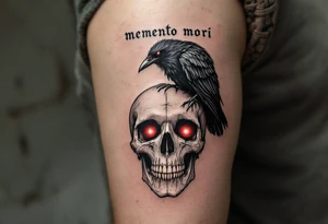 A dark gray raven perched on a human skull with deep red eyes, "memento mori" in handwritten blackletter across the top. tattoo idea