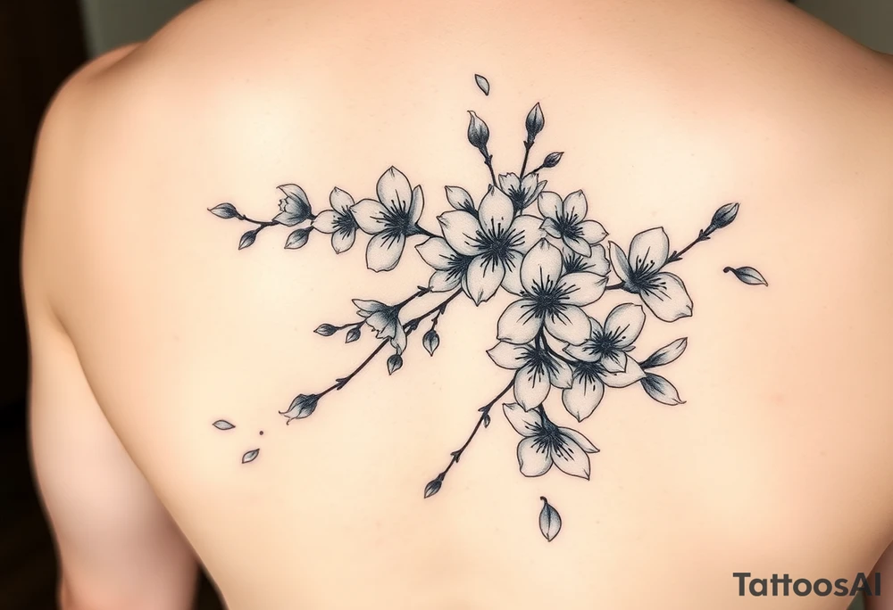 delicate cherry blossoms swirling in spring breeze with petals tattoo idea