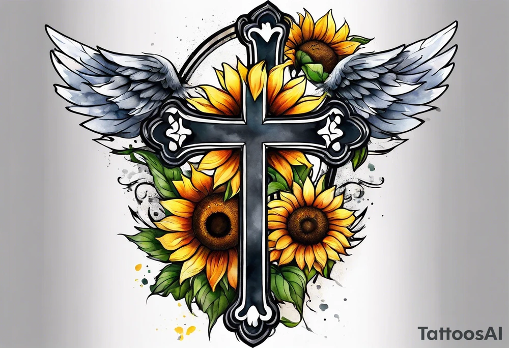 Winged cross with sunflower arm sleeve tattoo idea