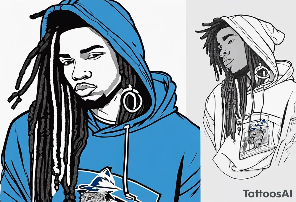 black well built teen with with a grey hoodie on and blue jeans with long dreads turning into a blue wildcat in various spots on his body. I want his hoodie appear as if its been ripped in random places from the inside with I Carolina blue football jersey showing underneath that reads Camden tattoo idea