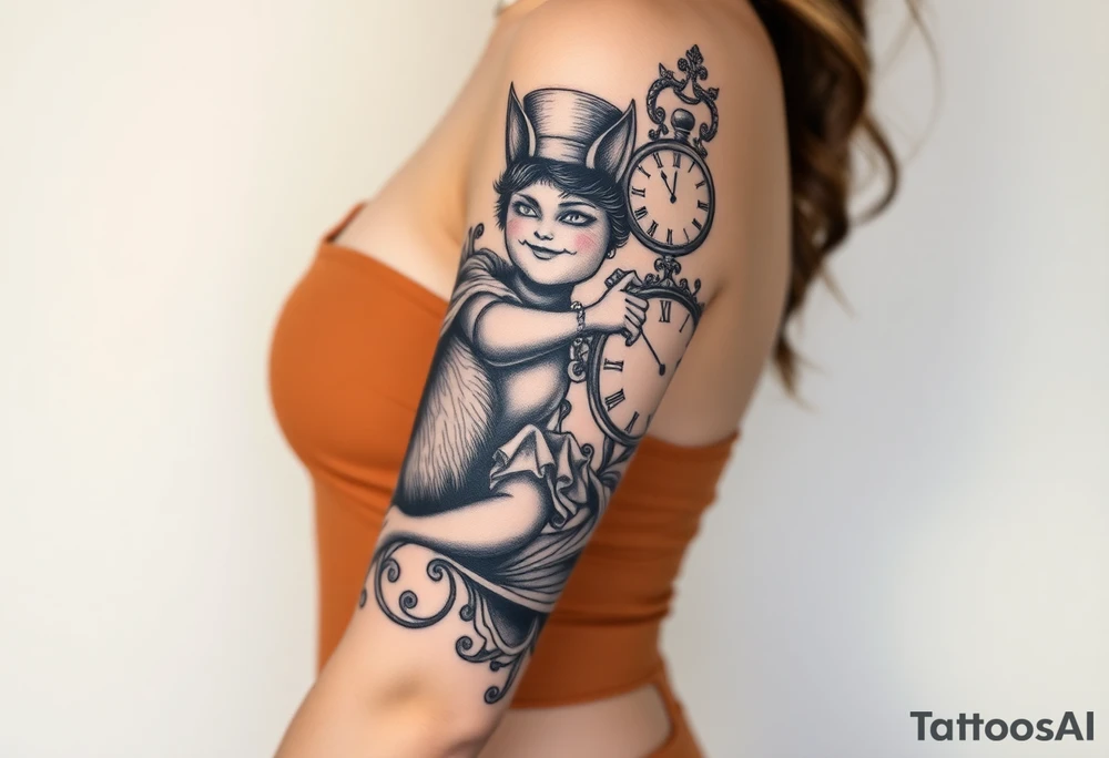 alice in womderland the chestire cat mad hatter and clock tattoo idea