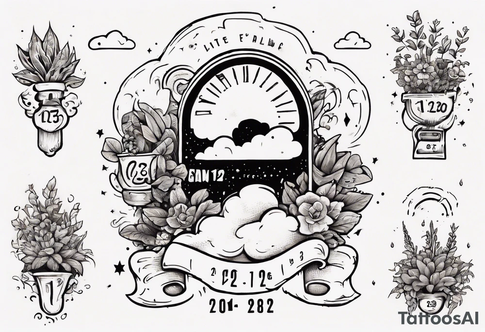 a forearm tattoo with a cloud with little plants and underneath it the date 12.08.05 tattoo idea