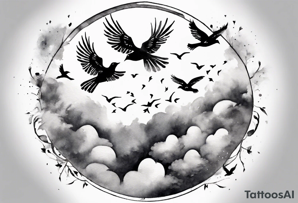 shoulder tattoo with light rays with birds flying free among the clouds, round shape, 3d effect tattoo idea shoulder tattoo with light rays with birds flying free among the clouds, round shape, 3d effect tattoo idea