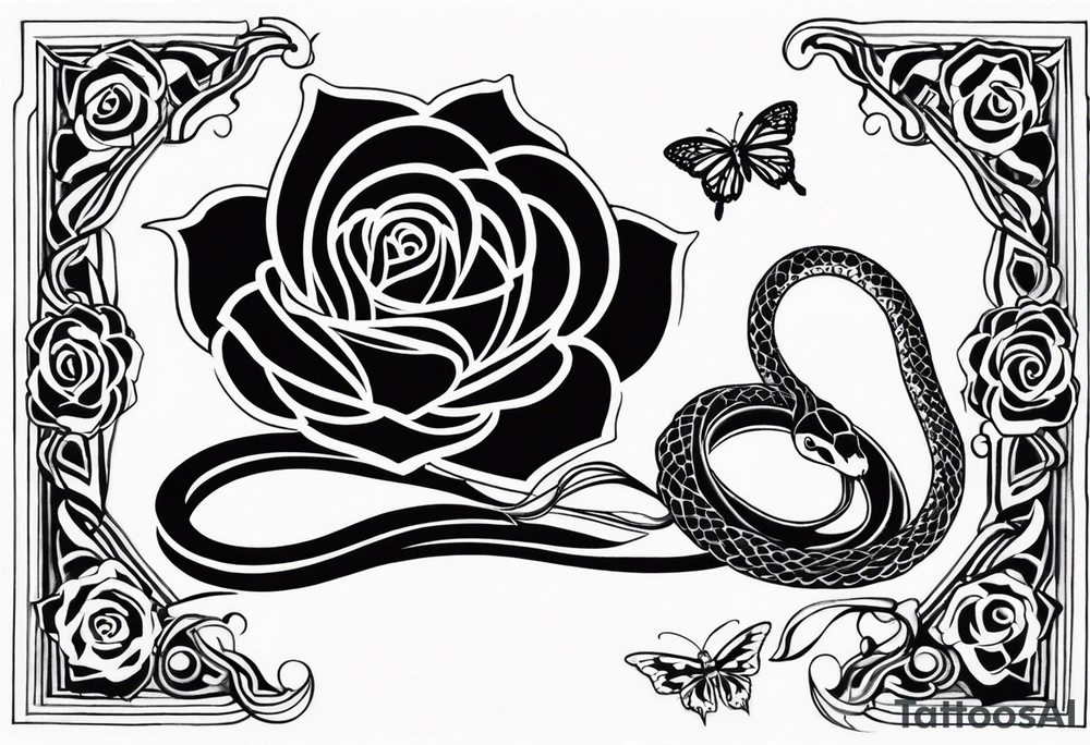 a rose with a snake wandering around it and a small butterfly resting on it tattoo idea