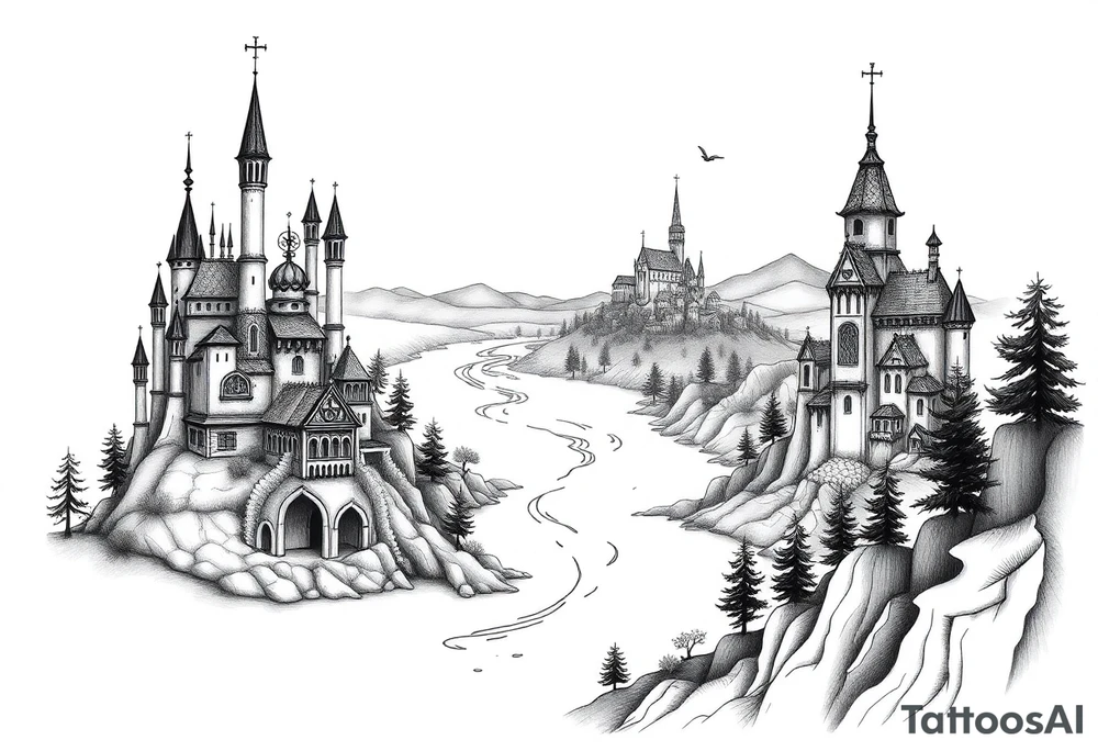 Magical fairy land city with river and bridge tattoo idea