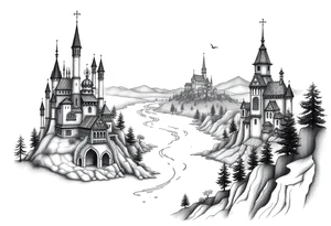 Magical fairy land city with river and bridge tattoo idea