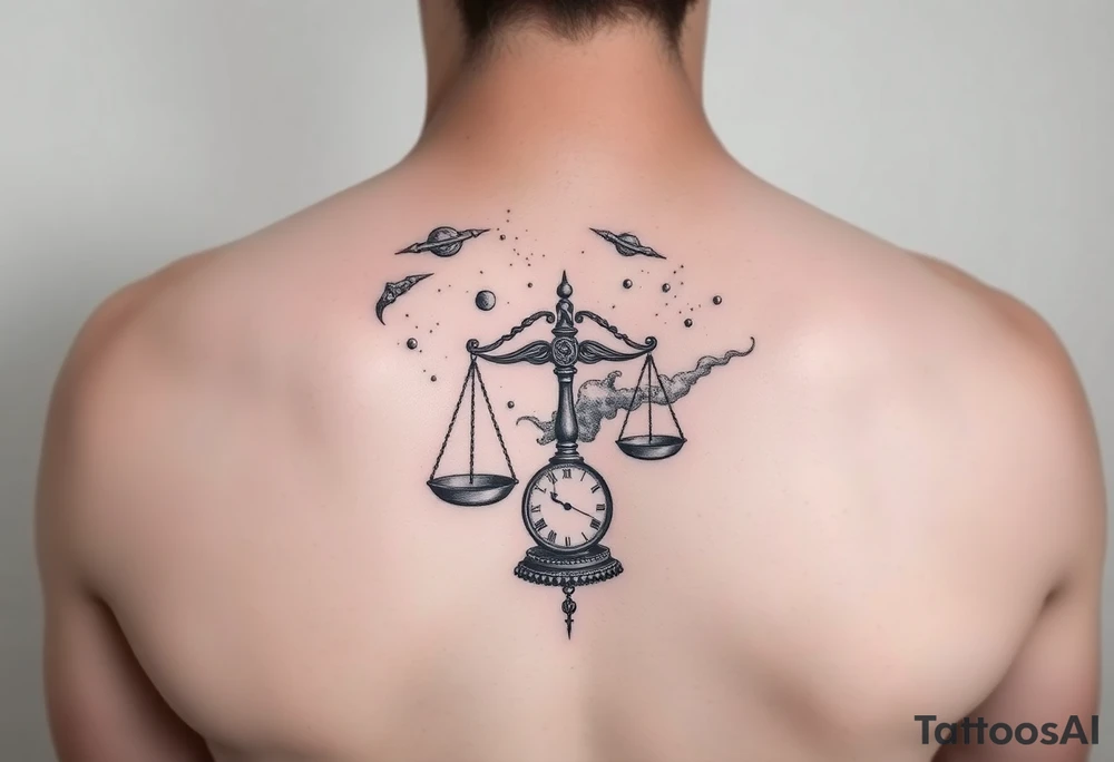 galaxy tattoo with scales weighing time tattoo idea