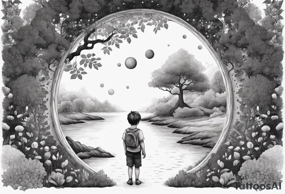 a small boy entering a portal to a fantasy world filled with nature tattoo idea