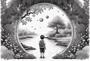 a small boy entering a portal to a fantasy world filled with nature tattoo idea