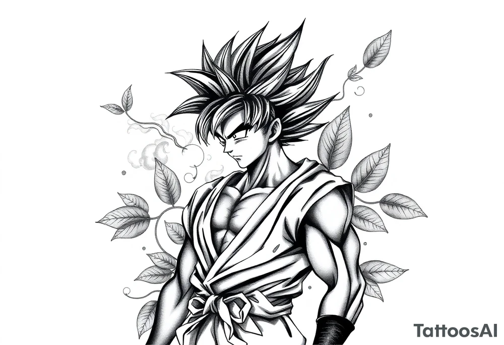 Tattoo design of Son Goku with smoke flowing through his body, surrounded by leaves in negative space effect, featuring soft shading around the edges and dotwork shading inside, with multiple contrast levels throughout. Highly detailed, intricate design with dynamic composition, emphasizing the interaction between the smoke and character, with the negative space leaves creating depth and balance. Professional tattoo art style with clean lines and sophisticated shading techniques. tattoo idea