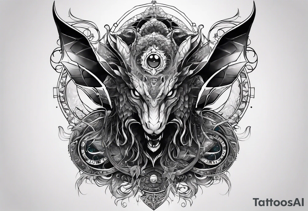 Long tattoo for forearm. Lovecraftian creature, with technological elements. tattoo idea