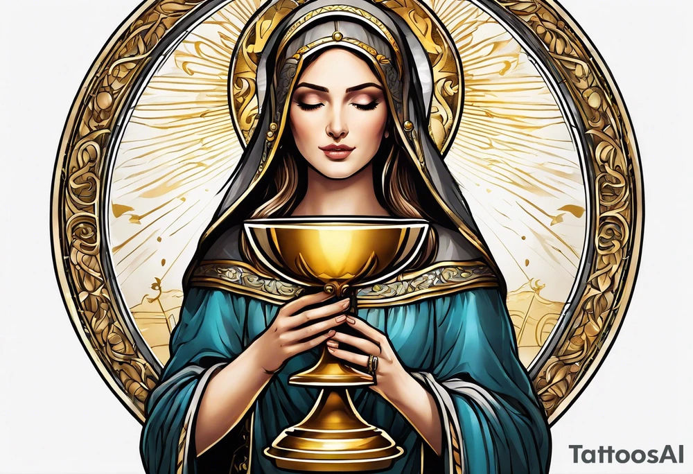woman saint holding chalice surrounded by golden halo tattoo idea