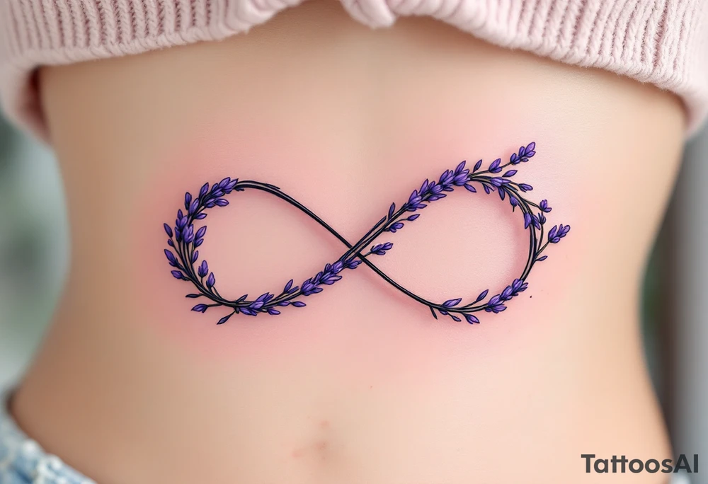 An infinity symbol intertwined with a lavender stem, with a soft ombré effect blending from violet to pastel pink. tattoo idea