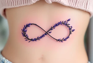 An infinity symbol intertwined with a lavender stem, with a soft ombré effect blending from violet to pastel pink. tattoo idea