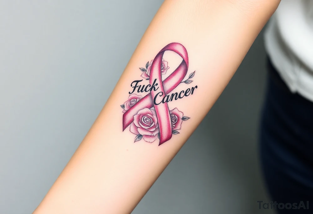 Breast Cancer ribbon that says "Fuck Cancer"with light pink roses tattoo idea