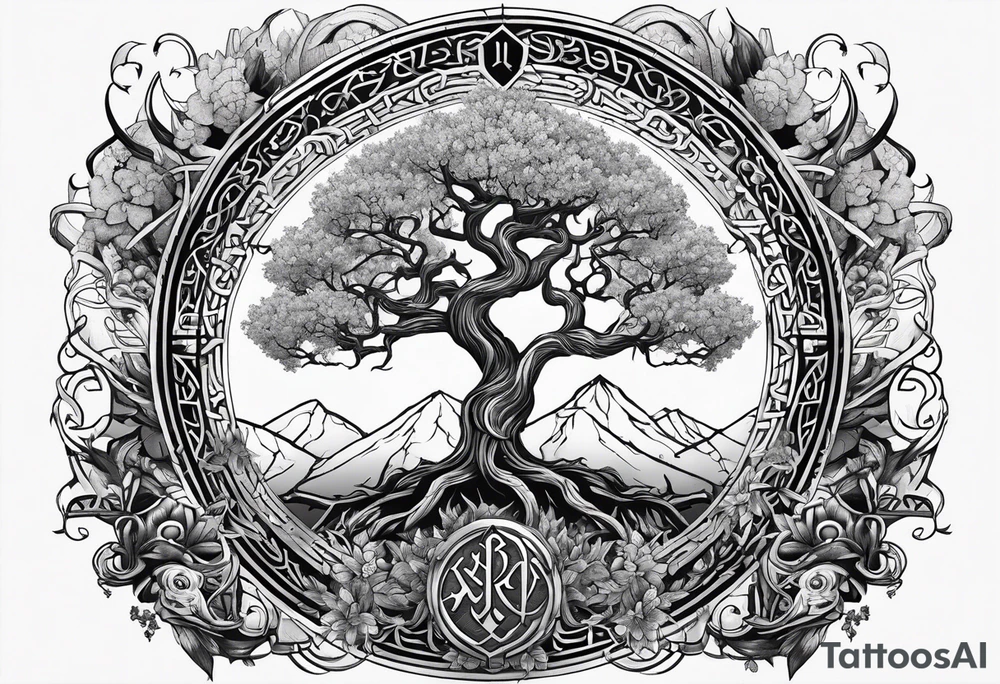 Yggdrasil and a long sword underneath surrounded by Nordic runes tattoo idea