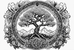 Yggdrasil and a long sword underneath surrounded by Nordic runes tattoo idea