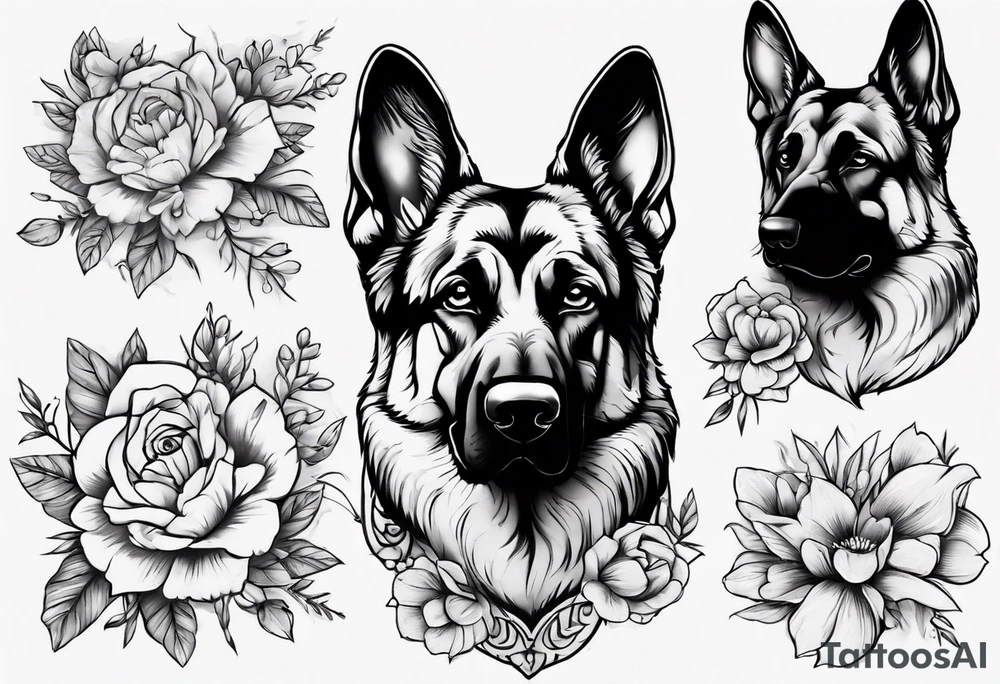 German Shepherd with flowers tattoo idea