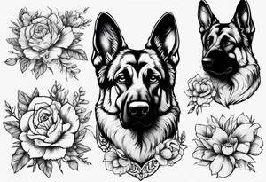 German Shepherd with flowers tattoo idea