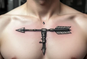 A battle-worn arrow with a chipped stone tip and faded leather wrapping, symbolizing resilience and survival. tattoo idea