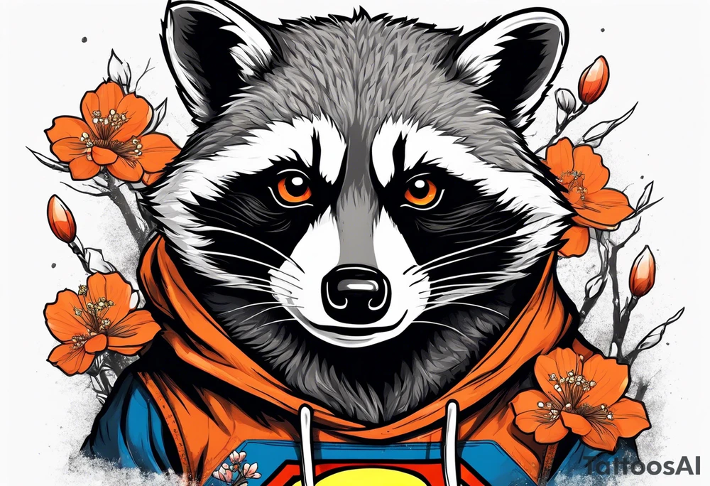 raccoon wearing a black and white Superman hoodie with orange Japanese cherry blossoms tattoo idea