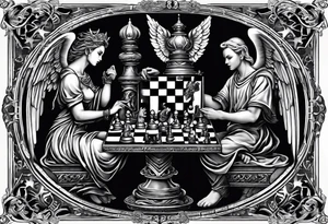 Depict an angel and devil engaged in a chess game, with the chessboard reflecting the cosmic battleground between good and evil, symbolizing the strategic nature of the eternal conflict. tattoo idea