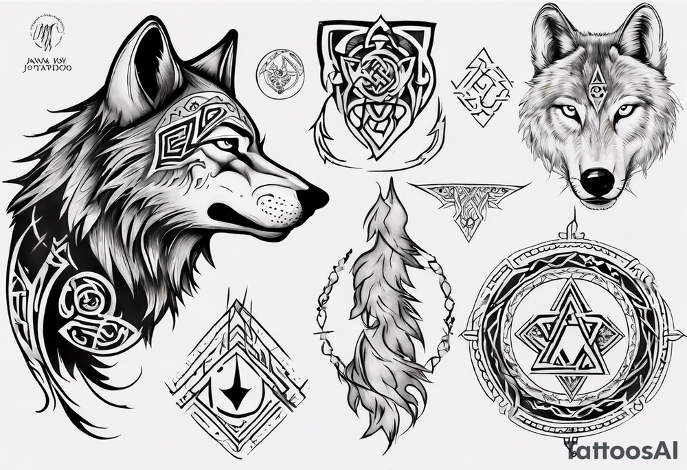 Wolf with Norse symbols, a bit of Māori tattooing and my nanas name joy in it tattoo idea