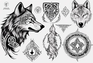 Wolf with Norse symbols, a bit of Māori tattooing and my nanas name joy in it tattoo idea
