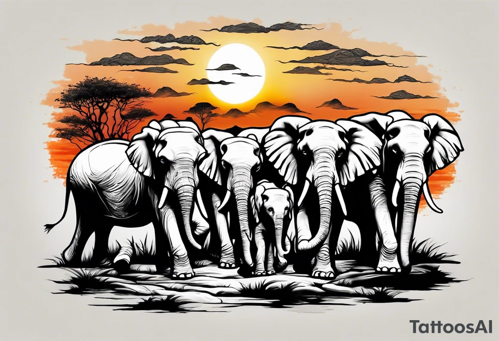 family of 6 elephants walking into sunset tattoo idea