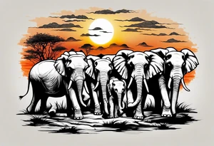 family of 6 elephants walking into sunset tattoo idea