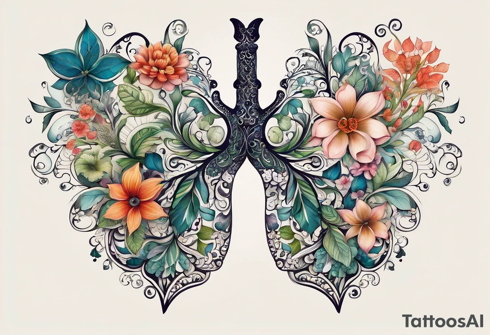 intricate and artistic arrangement of flowers and ornamental patterns that come together to form the shape of human lungs. The design should have a balance of delicacy and detail, with vibrant floral elements seamlessly intertwining to mimic the structure of the lungs, including the bronchi branching into floral motifs. Incorporate subtle shading and depth to give the tattoo a dynamic and organic feel, while maintaining elegance and symmetry, embraced by an octopus and butterflies flying around tattoo idea