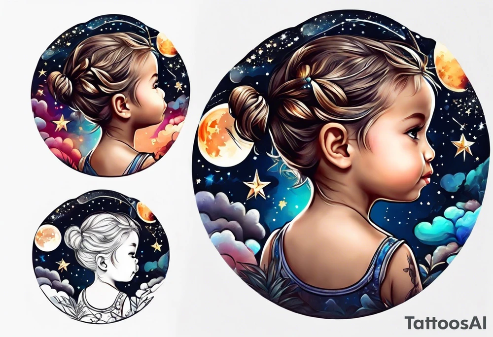 toddler head with starry sky behind it tattoo idea