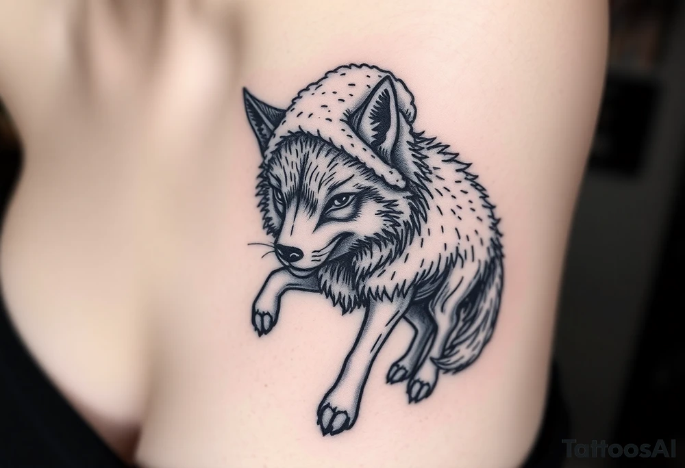 Wolf wearing a sheep like a costume prowling around tattoo idea