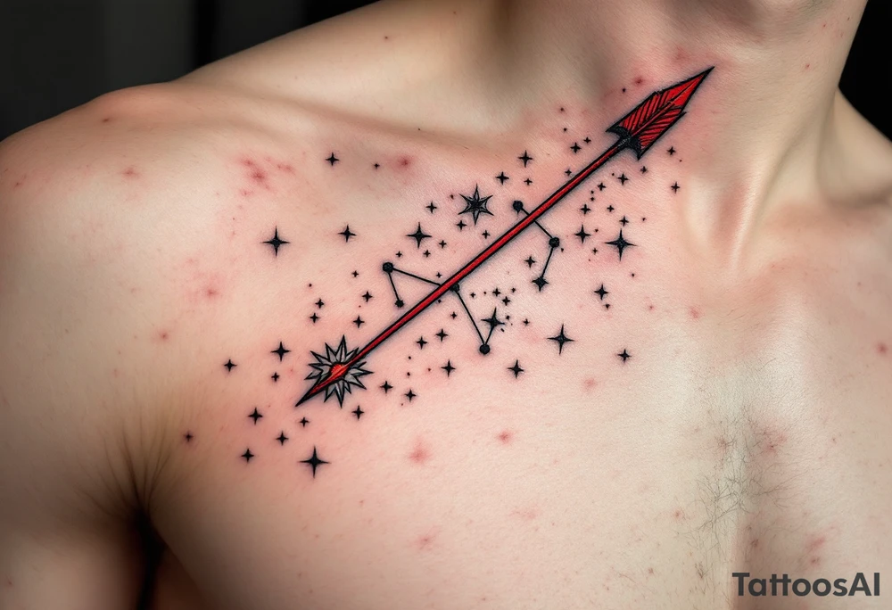 A fine-line Sagittarius star constellation tattoo with a bold red arrow shooting across the stars on the ribcage. tattoo idea