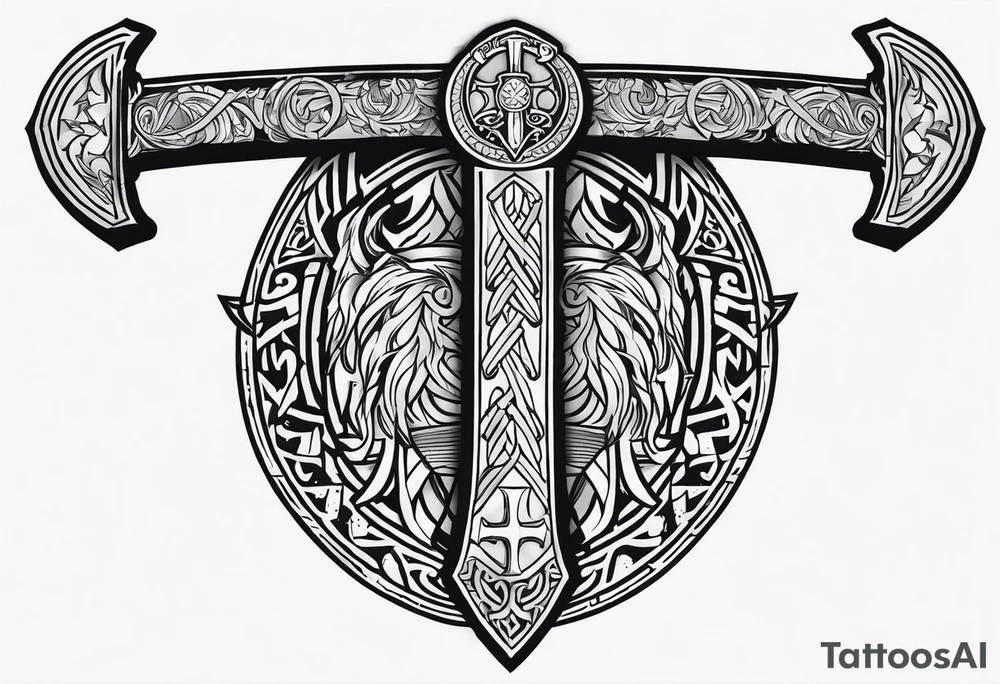 Valhalla viking gods shield hatchet sword tattoo idea