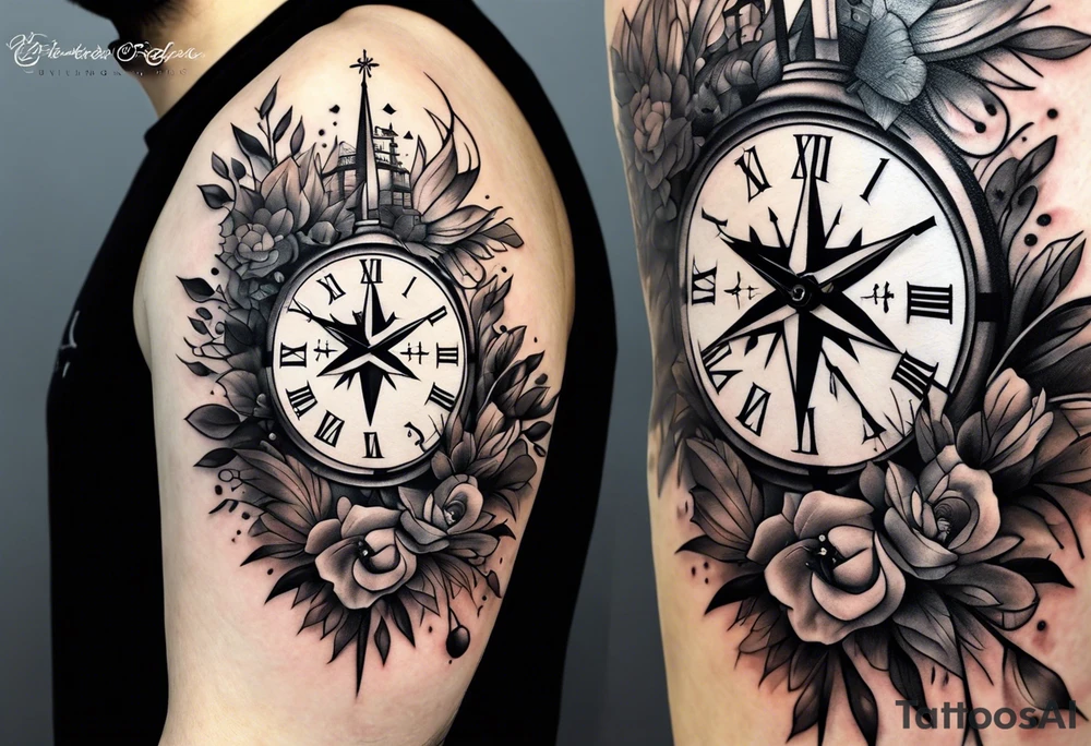Cross  with clock and compass tattoo idea
