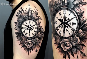 Cross  with clock and compass tattoo idea