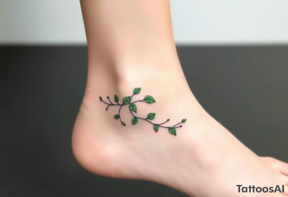 please create an ankle tattoo that is dainty.  There should be vining green leaves that wrap around the entirety of the ankle horizontially tattoo idea