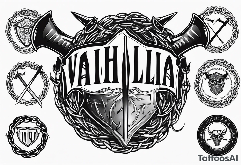 Valhalla sword round shield axe barbed wire chains tattoo idea