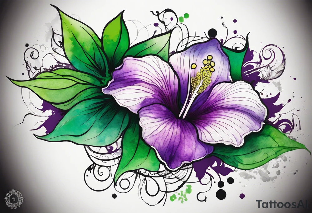 A mystical outline of a green and purple rio dipladenia flower and a green and purple watercolor splash in the background tattoo idea
