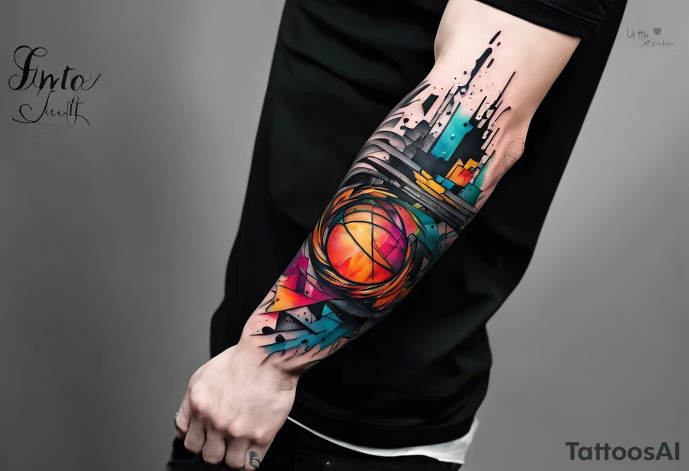 large forearm tattoo with lines, splatters, abstract shapes, very colorful. tattoo idea