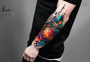 large forearm tattoo with lines, splatters, abstract shapes, very colorful. tattoo idea