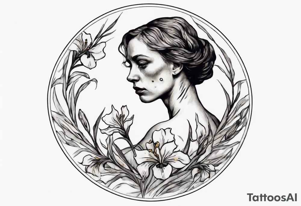 A small condensed tattoo with Van Gogh Irises on the upper left chest of a woman in a circle-like configuration tattoo idea