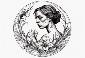 A small condensed tattoo with Van Gogh Irises on the upper left chest of a woman in a circle-like configuration tattoo idea