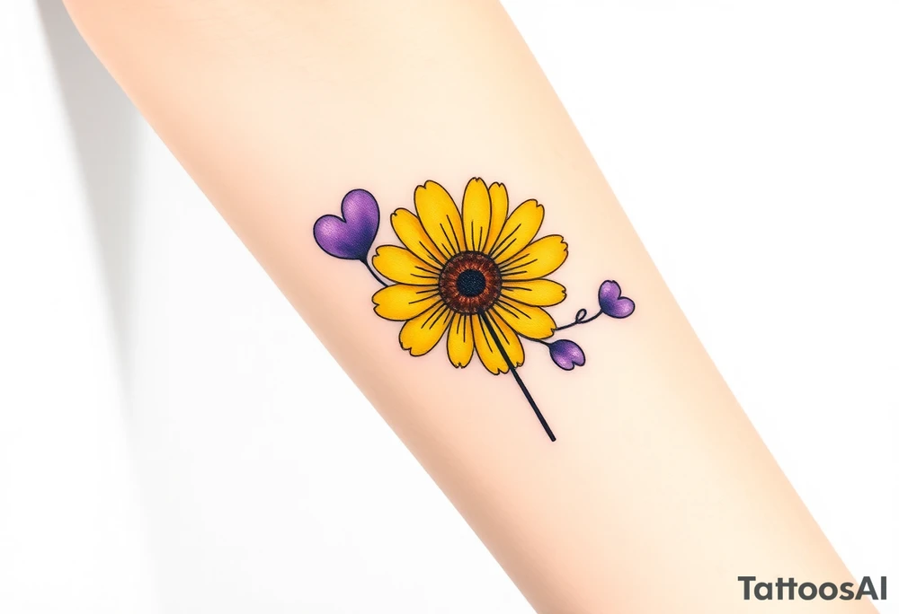 Simple yellow daisy with Purple Hearts & cross tattoo idea