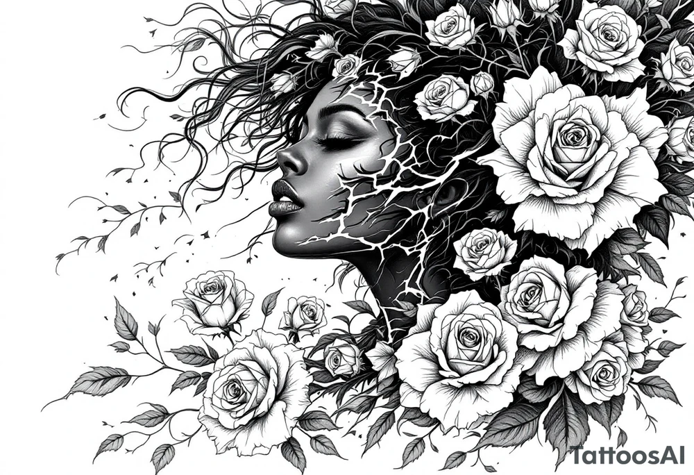 Broken Black woman surrounded by roses that shows the good and evil of humanity tattoo idea