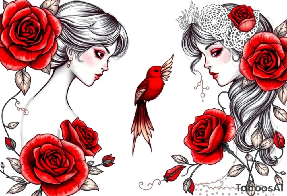 Vintage dollies, red roses, lace, red bird tattoo idea