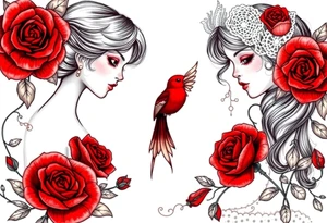 Vintage dollies, red roses, lace, red bird tattoo idea