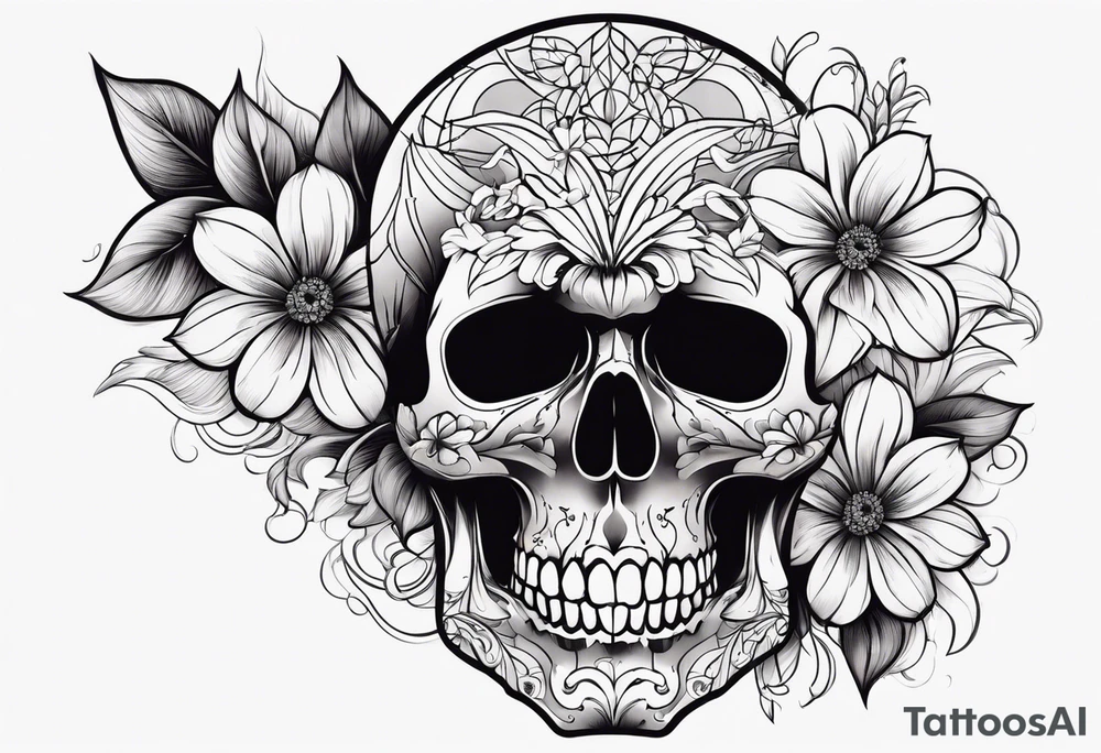 Side skull with flower tattoo idea